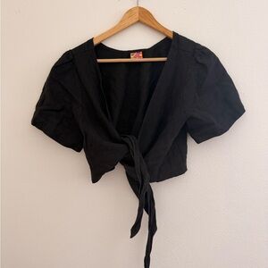 Women's Black Tie-Front Crop Top with Puff Sleeves